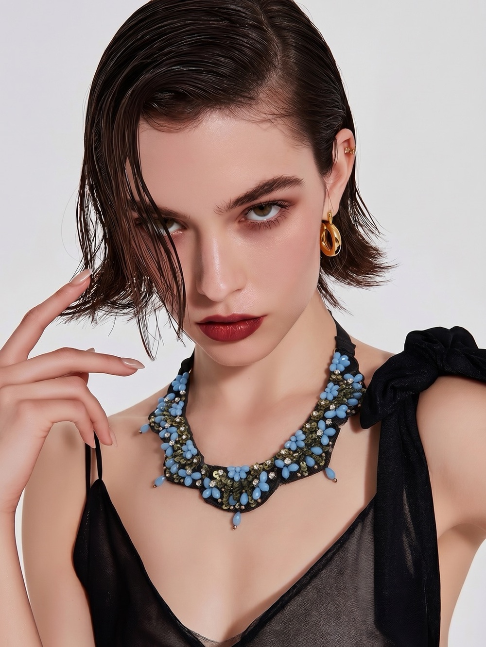 Source Unknown Blue Floral Bib Necklace with Gold Accents